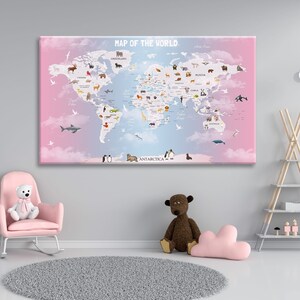 Kinder Weltkarte Kunst, Kinderzimmer Wandkunst, Tier Weltkarte Schlafzimmer Leinwand, Spielzimmer Wanddekoration Weltkarte Wandkunst, Klassenzimmer Dekor