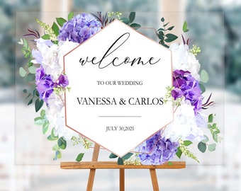 Purple Floral Printed Acrylic Wedding Sign | Floral Clear Acrylic Wedding Sign | Custom Welcome Sign | Acrylic Wedding Decor | FREE Draft