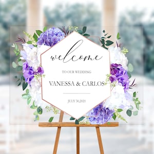 Purple Floral Printed Acrylic Wedding Sign | Floral Clear Acrylic Wedding Sign | Custom Welcome Sign | Acrylic Wedding Decor | FREE PREVIEW