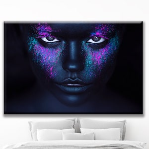 African Girl with Black Paint and Neon dust|Wall Art Canvas|Creative Canvas Art|Mother&#39;s Day Gift|Bedroom Decor|Modern Ethnic Canvas Art