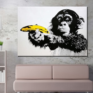 Banksy Monkey Canvas Printing - Unique Banksy Art Holding Banana, Graffiti Style Wall Decor, Perfect Valentine&#39;s Day Gift