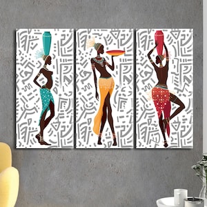 African Girl Wall Art Trio | Ethnically Inspired Home Decor | Black Woman Canvas Set | Unique African Art Prints