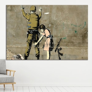 BANKSY Style Meaningful Street Wall Art - Girl Searching Soldier Canvas Print, Urban Home Decor, Unique Graffiti Art
