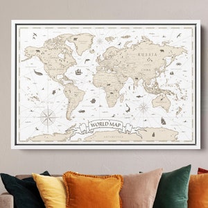 WELT Karte Leinwand Wandkunst, Erdkarte gerahmt Leinwand, Pinnwand Weltkarte, Weltkarte Poster, Reisekarte, Geschenk für Kartenliebhaber, Wanddekor