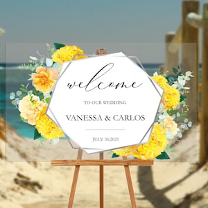 Letrero de boda de acrílico con flores amarillas / Letrero de boda de acrílico transparente / Letrero de acrílico con hortensias amarillas / Letrero para baby shower / Despedida de soltera / Despedida de soltera