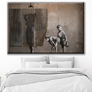 Banksy Shower Graffiti Art Canvas, Framed Street Art Girls & Boys Spying, Unique Home Wall Decor, Urban Canvas Print