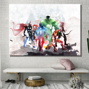 Superhelden Leinwanddruck, Superhelden Wand Kunst, İllustiration Gedruckte Leinwand, Aquarell Poster, Geburtstagsgeschenk für Ihn, Spielzimmer Dekor