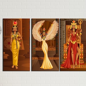 Egyptian Ancient Queens Canvas Art, Goddesses Canvas Print, Ethnic Decor Poster with Colorful Patterns, Traditional Egyptian Artwork