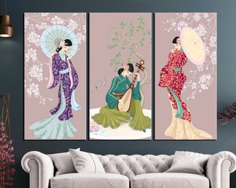 Beautiful Chinese Womans Canvas Decor, Colorful Wearings and Traditional Colors, Chinese Colors and Chinese Womans Art Drawing, Chinese Art