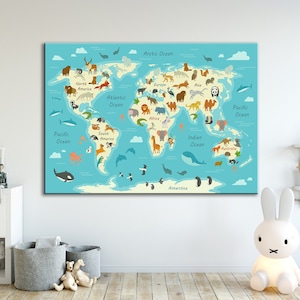 Kinder Weltkarte Kunst - Haus Schule Dekor - Kinderzimmer Weltkarte Wanddekoration - Tier Themen Zimmer - Zoo Themen Karte - Kinderzimmer Dekor