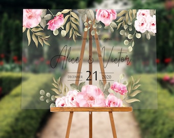 Sale %40 Pink Flower Printed Acrylic Wedding Sign | Floral Clear Wedding Welcome Sign | Custom Welcome Sign | Acrylic Wedding Decor