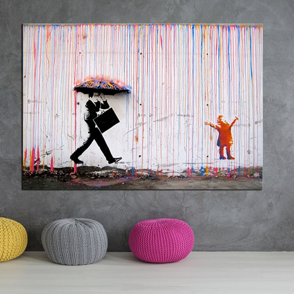 Sale%40BANKSY Style Coloured Rain  by Skurktur Canvas Wall Art Framed Print Large Sizes| Day Gift|Banksy Street Art Canvas|Office Decor