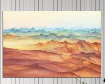 Panoramic View of Mountain Landscape Peaks at Sunset Canvas Artwork, Beautiful Rocks and Yellow Sand Desert, Large Dune Photographic Art