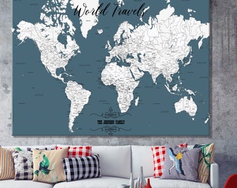 Lienzo con mapa mundial con chinchetas, decoración de pared de viajes personalizada