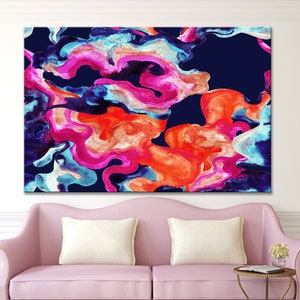 May include: Abstract art print featuring swirling, colorful shapes in shades of pink, orange, blue, and white on a dark blue background.