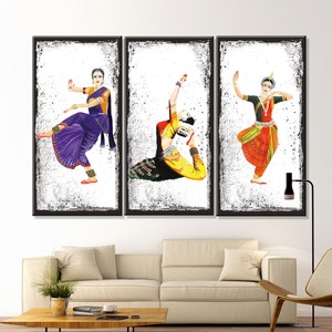 Indian Female Dancers Colorful Traditional Clothes and Dance, Indian Classical Dancer Girls and Indian Colors, Indian Traditional Canvas Art