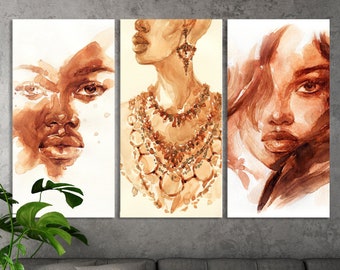 Brown Sketch Africans Womans Perfect Faces Portraits Design Canvas Printable Extra Large Panel Set Interior Wall Decoration Drawing Canvas