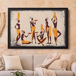 African Art Ethnic Clothes , African Decor, African Floating Frame Canvas, African People In Ethnic Colorful Clothes, Orange African Art