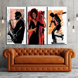 May include: Three black and white illustrations of musicians playing music. The first illustration shows a person playing a saxophone. The second illustration shows a person singing into a microphone. The third illustration shows a person playing a guitar. The illustrations are set against a background of musical notes and abstract shapes.