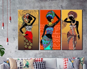 Colorful African Girls in Ethnic Patterned Clothes 3-Piece Canvas Set,Traditional African Concept Canvas,Colorful African Girls,Gift for him