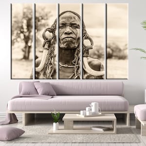 Omo Valley Ethiopia Traditional Man Portrait and His Traditional Clothes, Accessories, Natural Person Black and White Photography Canvas image 1