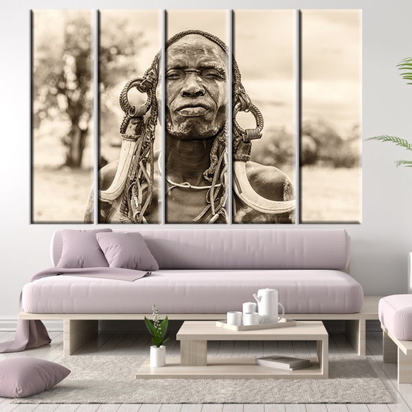 Omo Valley Ethiopia Traditional Man Portrait and His Traditional Clothes, Accessories, Natural Person Black and White Photography Canvas