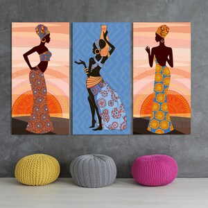 Silhouette Afro-Girl Canvas|Colorful Ethnic Black Woman Canvas Art|Mother&#39;s Day Gift|Ethnic Boho Canvas Set|Modern Office Decor|Retro Art