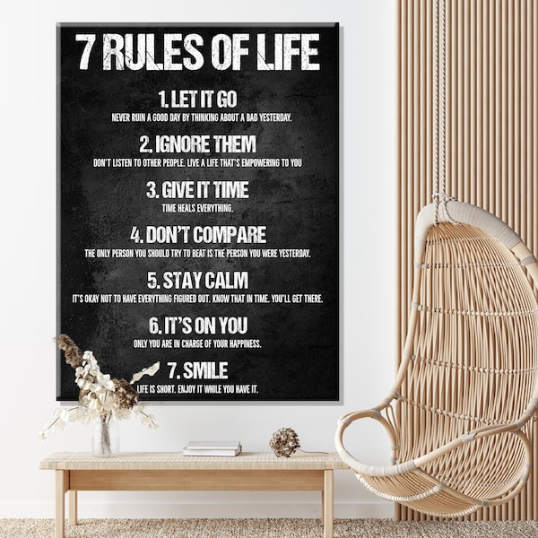 40 % 0FF 7 Regeln des Lebens inspirierendes Zitat auf Leinwand, Wandkunst, Bürodekoration, Inspiration, moderne Kunst, Heimdekoration, Motivationsschild, Weihnachten