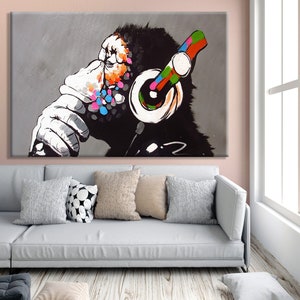 Thinking Monkey Wall Art CANVAS | BANKSY Colorful Headphones Graffiti | Unique Home Decor | Creative Gift Idea | Street Art Canvas