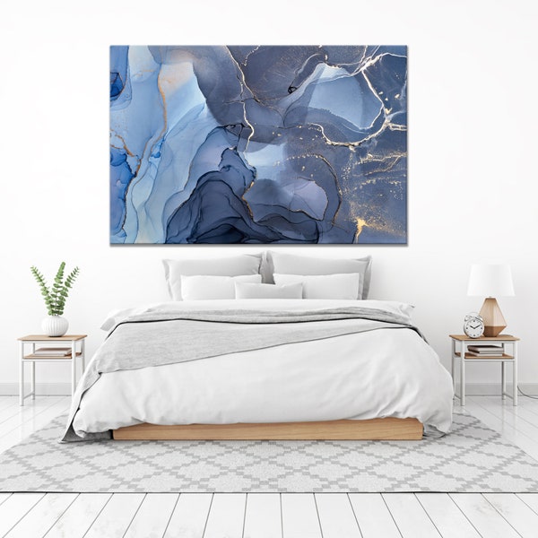 Dark Blue Abstract Art Decor | Modern Wall Art | Abstract Office Print | Large Wall Art Canvas | Ink Painting Print Art,Colorful Abstract