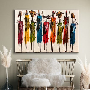 Maasai Tribe Members carrying food on their heads illustration wall art canvas, Picture of African tribe members in ethnic colorful clothing
