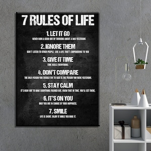 Lienzo con las 7 reglas de la vida, cita inspiradora, decoración moderna para la oficina.
