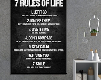 7 Rules Of Life Canvas Print, Inspirational Quote, Modern Office Decor