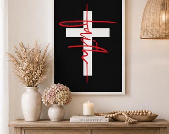 Christian Cross Canvas Wall Art, Modern Faith Decor, Jesus Heartbeat Print,