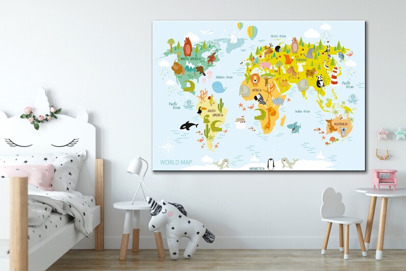 Kids Animal World Map Canvas – Colorful Nursery Decor - Etsy Australia