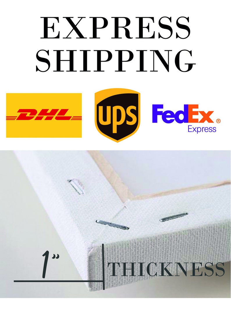 May include: The text EXPRESS SHIPPING appears above the DHL, UPS, and FedEx logos. Below, a white canvas is stretched over a wooden frame, secured with metal staples. A graphic indicates a 1 inch thickness for the canvas frame structure.