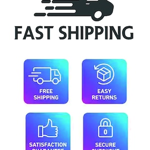 Op de afbeelding: Een afbeelding met een zwart silhouet van een bestelwagen boven de tekst FAST SHIPPING. Daaronder staan vier blauw en paars verloopvierkanten met witte iconen en teksten: FREE SHIPPING, EASY RETURNS, SATISFACTION GUARANTEE en SECURE CHECKOUT.