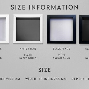 May include: Four picture frames, two with white frames and two with black frames. Each frame has a white or black background. The frames are 10 inches wide and 10 inches long, with a depth of 1.18 inches.