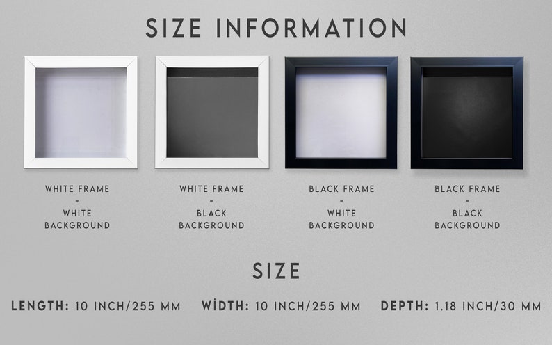 May include: Four picture frames, two with white frames and two with black frames. Each frame has a white or black background. The frames are 10 inches wide and 10 inches long, with a depth of 1.18 inches.