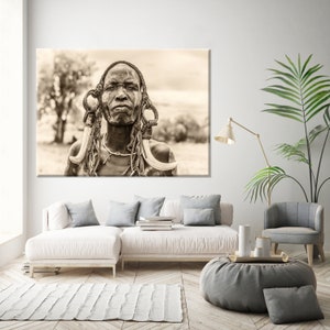 Omo Valley Ethiopia Traditional Man Portrait and His Traditional Clothes, Accessories, Natural Person Black and White Photography Canvas image 2