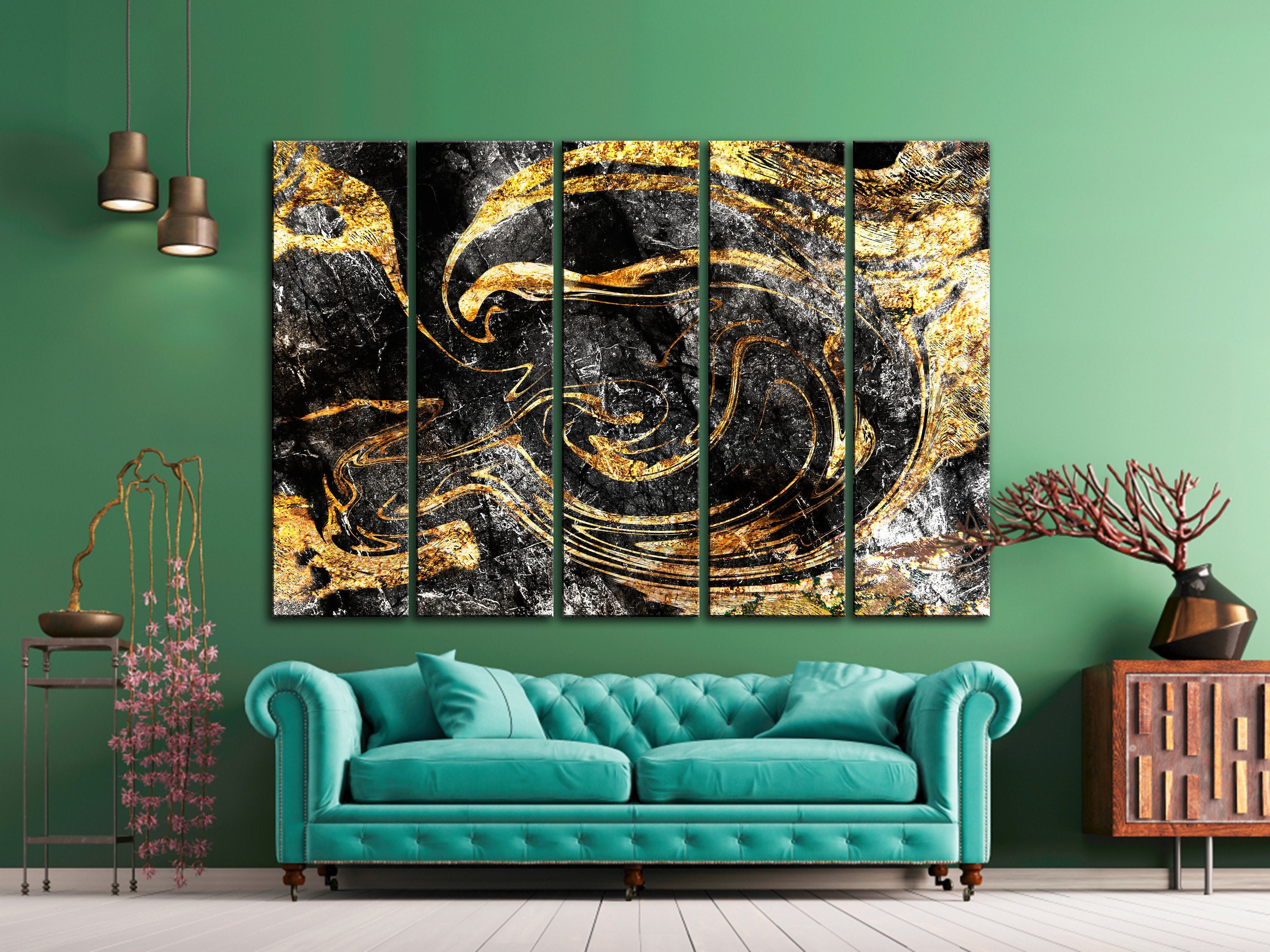 Black and Gold Abstract Canvas Print | Modern Set of 5 Wall Art - Etsy