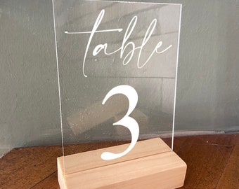 Clear Acrylic Wedding Table Numbers Sign | Text Color Option Table Numbers and wooden stand | Table Number | UV Printed Acrylic Wedding Sign