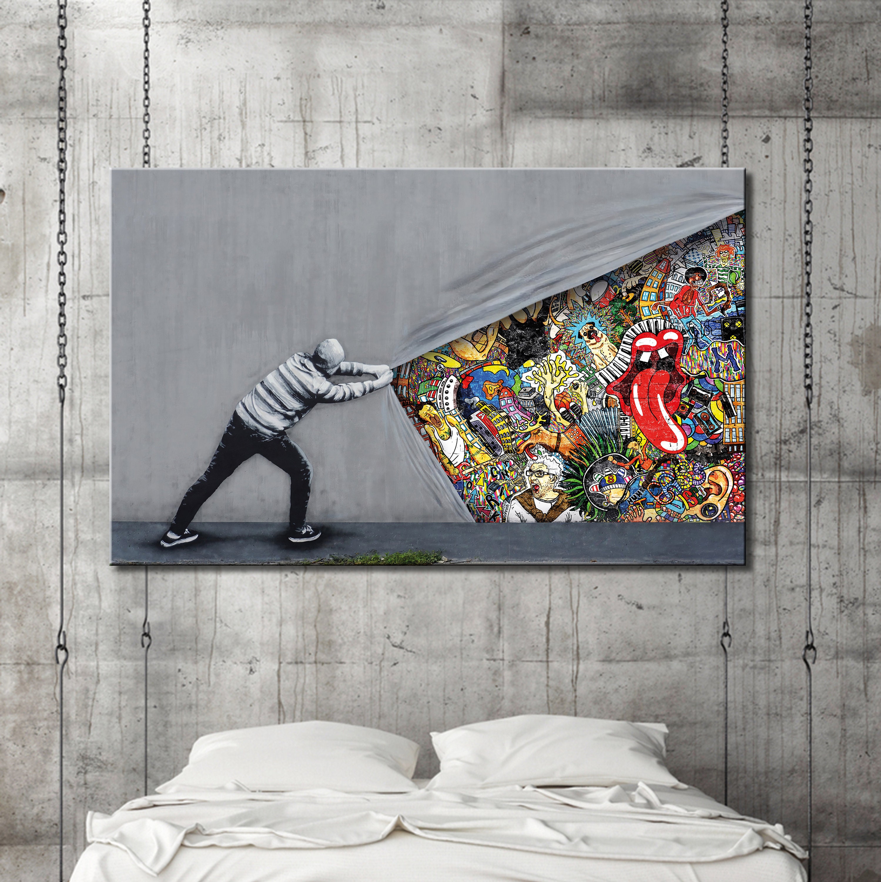 Banksy Graffiti Canvas Print, Little Boy Pulling Curtain, Wall Art