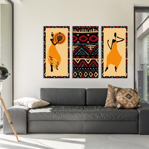 African Woman Ethnic Wall Artwork | Modern Afro American WallArt Canvas | Tambourine Ethnic Dance  | Orange Wall Decor, Christmas Gift Decor