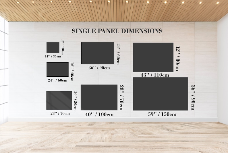 May include: A chart titled SINGLE PANEL DIMENSIONS displaying six dark gray rectangular panels of varying sizes. Each rectangle is labeled with dimensions in inches and centimeters, ranging from 12 by 14 inches to 36 by 59 inches.