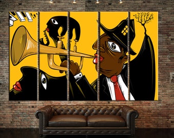Abstract Jazz Canvas, Dancing People Art Print, Yellow and Black Decor