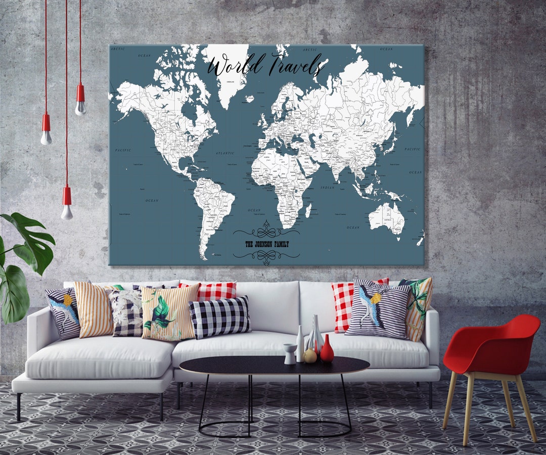 Push Pin World Map Poster, Personalized Canvas Travel Map, Navy Blue ...