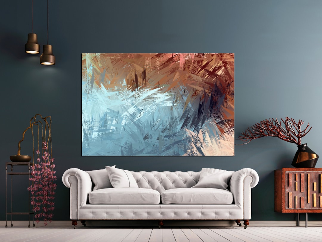 Blue and Brown Abstract Wall Art, Extra Large Canvas Art Blue Painting Print Art Decor Heavy