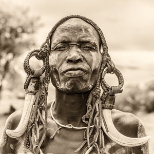 Omo Valley Ethiopia Traditional Man Portrait and His Traditional Clothes, Accessories, Natural Person Black and White Photography Canvas image 5