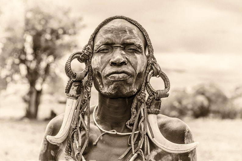 Omo Valley Ethiopia Traditional Man Portrait and His Traditional Clothes, Accessories, Natural Person Black and White Photography Canvas image 5